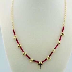 Gold Tone Beaded Cross Necklace Red Faceted Beads Religious Rosary Style Jewelry